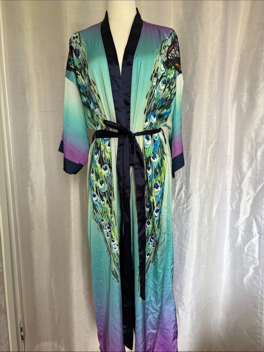 Silk-Feel Peacock Feather Print Long Robe - Teal & Purple